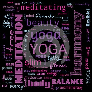 motivation yoga word cloud, word cloud use for banner, painting, motivation, web-page, website background, t-shirt & shirt