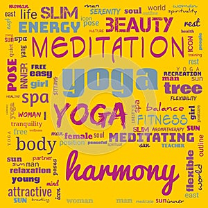 motivation yoga word cloud, word cloud use for banner, painting, motivation, web-page, website background, t-shirt & shirt