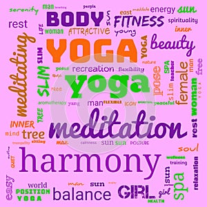 motivation yoga word cloud, word cloud use for banner, painting, motivation, web-page, website background, t-shirt & shirt