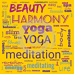 motivation yoga word cloud, word cloud use for banner, painting, motivation, web-page, website background, t-shirt & shirt