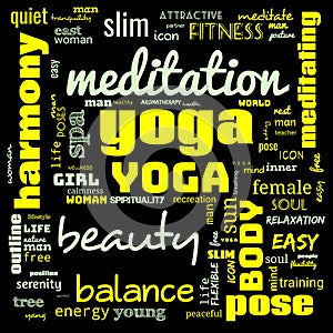 motivation yoga word cloud, word cloud use for banner, painting, motivation, web-page, website background, t-shirt & shirt