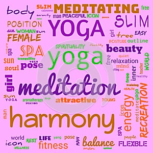 motivation yoga word cloud, word cloud use for banner, painting, motivation, web-page, website background, t-shirt & shirt