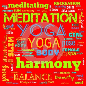 motivation yoga word cloud, word cloud use for banner, painting, motivation, web-page, website background, t-shirt & shirt