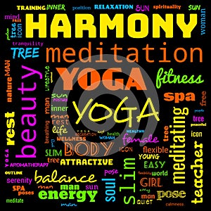 motivation yoga word cloud, word cloud use for banner, painting, motivation, web-page, website background, t-shirt & shirt