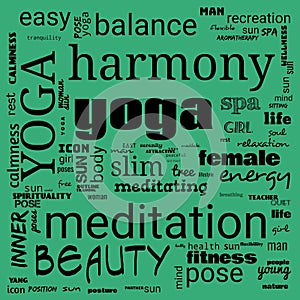 motivation yoga word cloud, word cloud use for banner, painting, motivation, web-page, website background, t-shirt & shirt