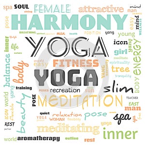 motivation yoga word cloud, word cloud use for banner, painting, motivation, web-page, website background, t-shirt & shirt