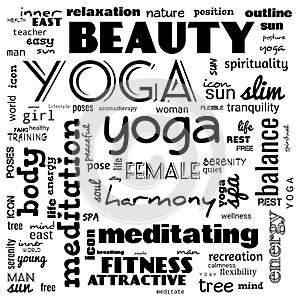 motivation yoga word cloud, word cloud use for banner, painting, motivation, web-page, website background, t-shirt & shirt