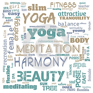 motivation yoga word cloud, word cloud use for banner, painting, motivation, web-page, website background, t-shirt & shirt