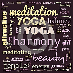 motivation yoga word cloud, word cloud use for banner, painting, motivation, web-page, website background, t-shirt & shirt