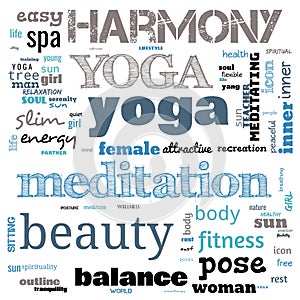 motivation yoga word cloud, word cloud use for banner, painting, motivation, web-page, website background, t-shirt & shirt