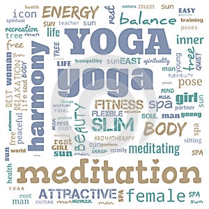 motivation yoga word cloud, word cloud use for banner, painting, motivation, web-page, website background, t-shirt & shirt