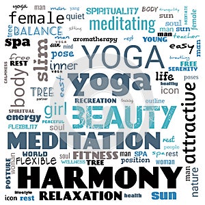 motivation yoga word cloud, word cloud use for banner, painting, motivation, web-page, website background, t-shirt & shirt