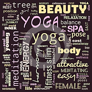 motivation yoga word cloud, word cloud use for banner, painting, motivation, web-page, website background, t-shirt & shirt