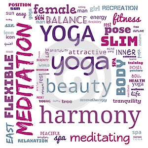 motivation yoga word cloud, word cloud use for banner, painting, motivation, web-page, website background, t-shirt & shirt