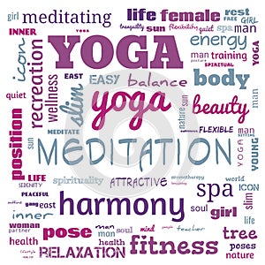 motivation yoga word cloud, word cloud use for banner, painting, motivation, web-page, website background, t-shirt & shirt