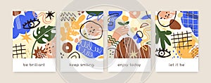 Motivational cards designs with positive quotes in doodle style. Cute inspirational sayings, slogans on backgrounds with