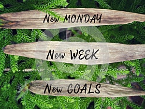 Motivational and inspirational quote - New Monday, new week, new goals. Text with nature background.