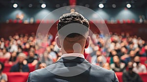 Motivational male speaker delivering an inspiring speech to an engaged audience at a business event.