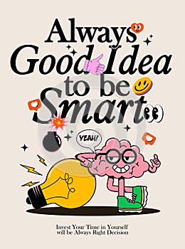 Motivational poster or card or book cover design template for self education or learning with cartoon brain character and