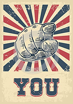 Motivational poster with hand pointing at you or the viewer listen text. Finger at viewer, from front. Vector black vintage engra
