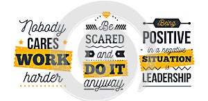 Motivational poster quote set, success work concept, vector flyer for wall, typographic template