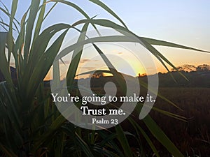 Motivational quote from bible verse - you are going to make it. Trust me. Psalm 23. On natural background of sunset sky on field.