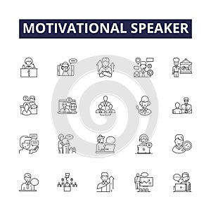 Motivational speaker line vector icons and signs. Encourager, Inspirer, Catalyst, Advocate, Evangelist, Pundit, Guru