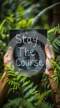 Motivational Stay The Course sign held up with two hands, promoting persistence and dedication, set against a lush green