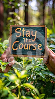 Motivational Stay The Course sign held up with two hands, promoting persistence and dedication, set against a lush green