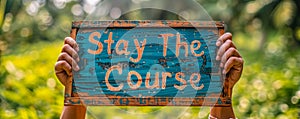 Motivational Stay The Course sign held up with two hands, promoting persistence and dedication, set against a lush green