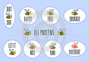 Motivational quotes with cute bee, vector sticker set photo