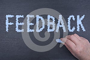 Motivational Text sign showing Give us Feedback on a chalkboard