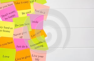 Motivational words on colorful stickers on white background. A vision Board. Copy space. Cards with words. Affirmation,