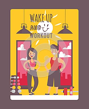 Motivational workout poster, vector illustration. Happy man and woman after losing weight in gym. Typography phrase wake
