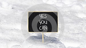 Motivational and Yes you can symbol. Concept words Yes you can on beautiful black chalk blackboard. Beautiful white snow