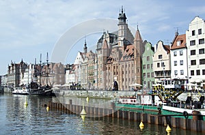 Motlawa River Embankment And Gdansk Old Town Skyline