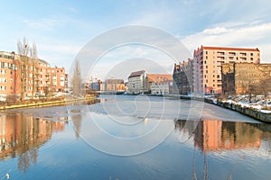 Motlawa river at winter time in old town of Gdansk in Poland.