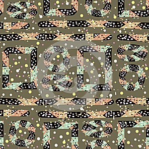 Motley African style vector seamless pattern. Bright multi-colored geometric shapes and dots on khaki green background. Festive