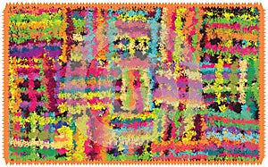 Motley checkered mat, rug ,doormat, carpet,napkin, tapestry with grunge striped colorful square elements and zigzag fringe