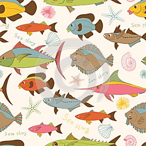 Motley fishes seamless pattern