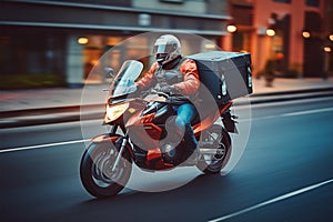 Moto courier speeds with thermal backpack, delivering food orders efficiently