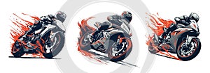 Moto racer man on sport motorcycle bend moving with fire elements, paint sketch style vector collection. Motorsport