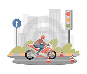 Moto school vector flat illustration. Man riding on motorbike, learn rules to pass driving exams.