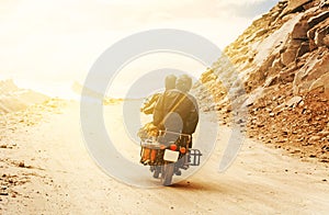 Motobike travelers ride in indian Himalaya roads