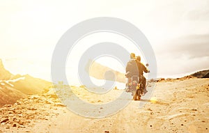 Motobike travelers ride on mountain pass road in indian Himalaya photo