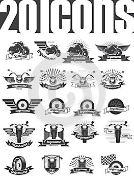 Motoclub badges. 20 custom badges. Motoclub or motorsports. Sports club emblem, racer logo. photo