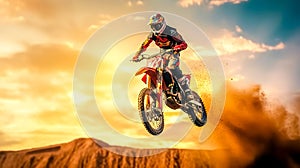 motocross action, biker jumps on a dune in the desert on a supercross, made with Generative AI photo