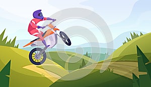 Motocross background. Freestyle cycling aggressive extreme sport bikers jumping on bike exact vector cartoon