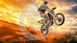 motocross, biker jumps on a dune in the desert at sunset, copy space made with Generative AI