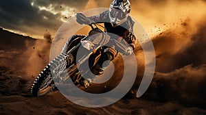 Motocross, enduro rider accelerating in dirt track with debris flying away Generative AI